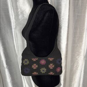 Granny Square Black Knitted Small Lined Shoulder Bag